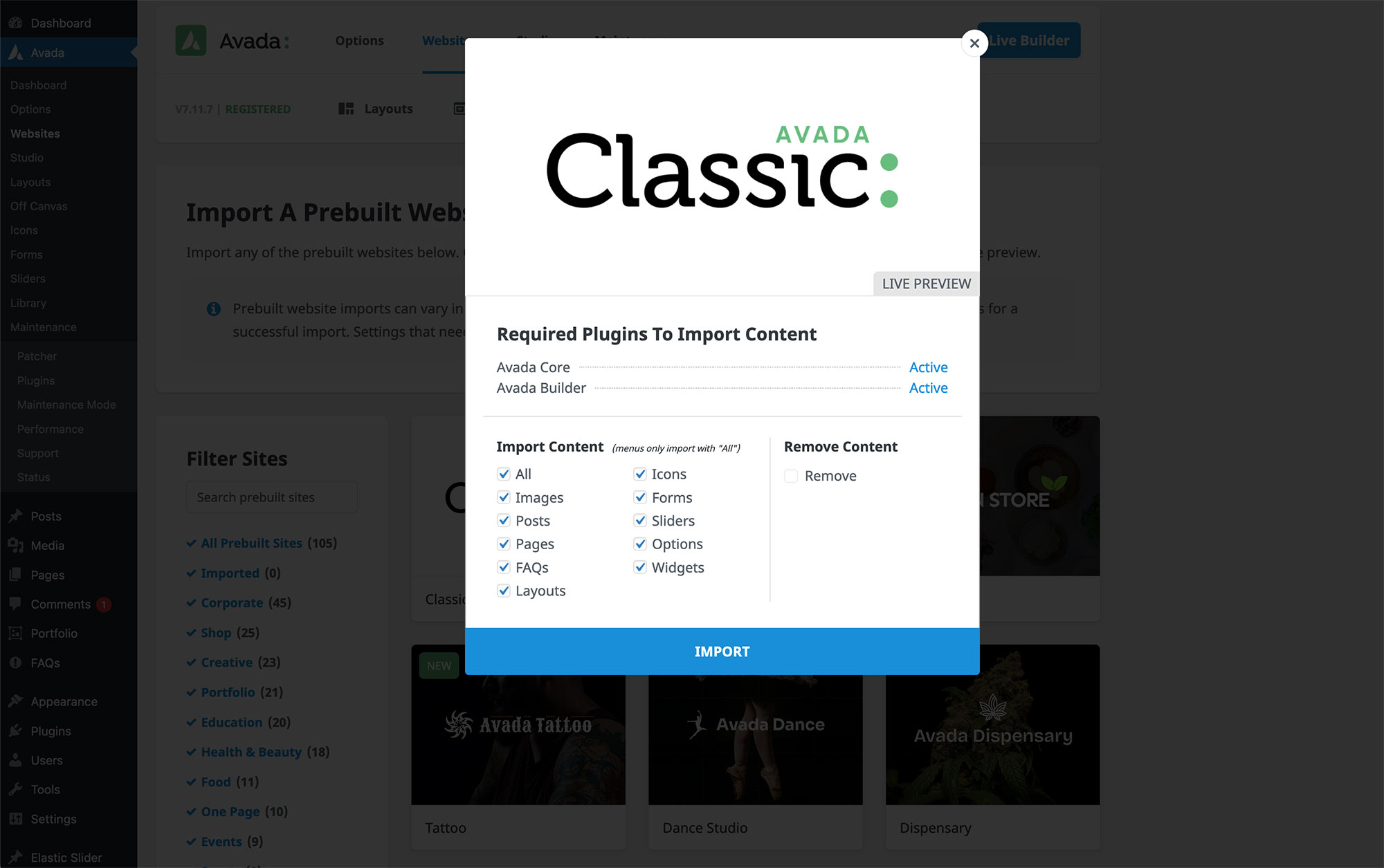 Avada Website Import Screen Avada Website Import Screen