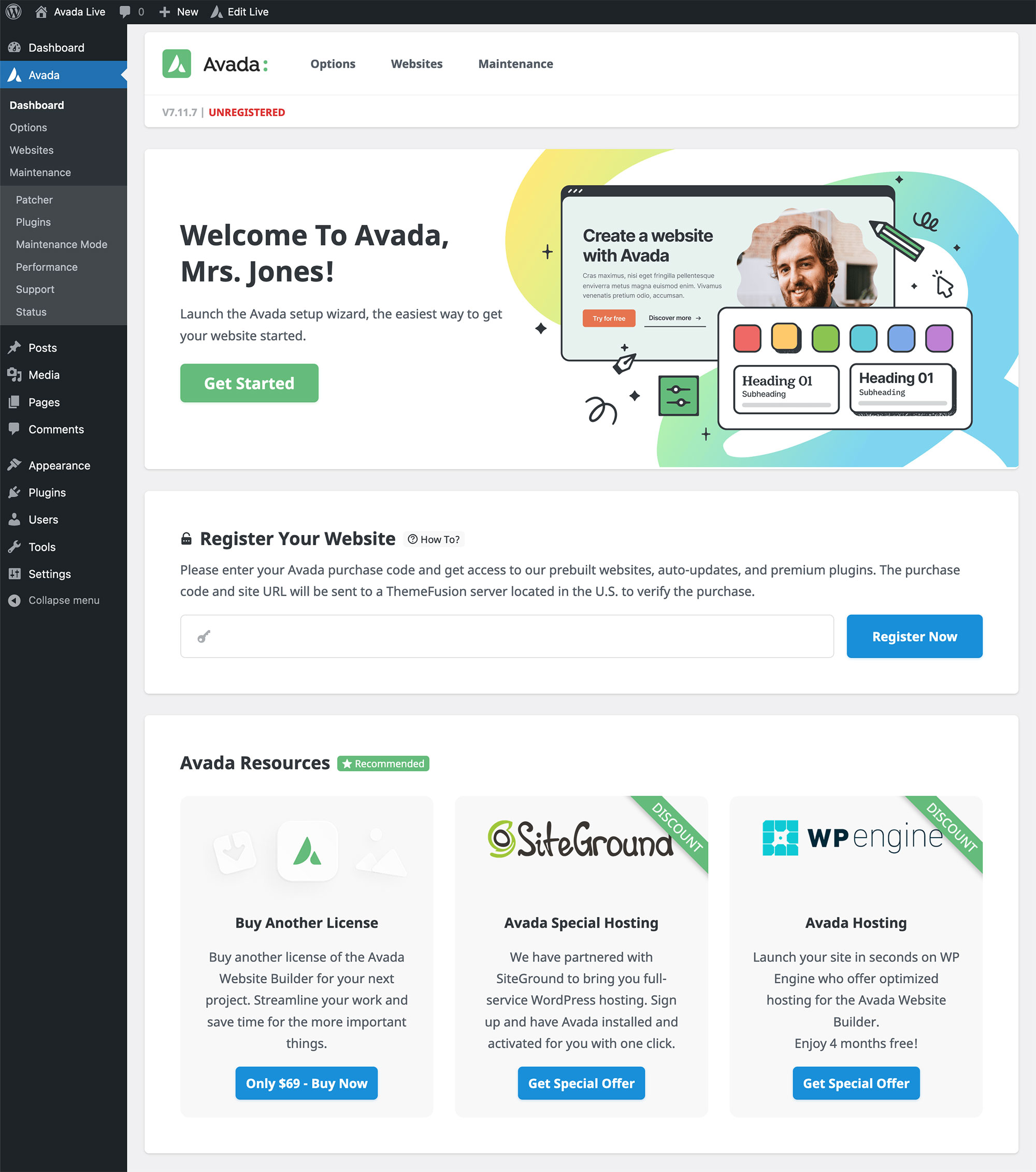 Avada Dashboard Page Avada Dashboard Page