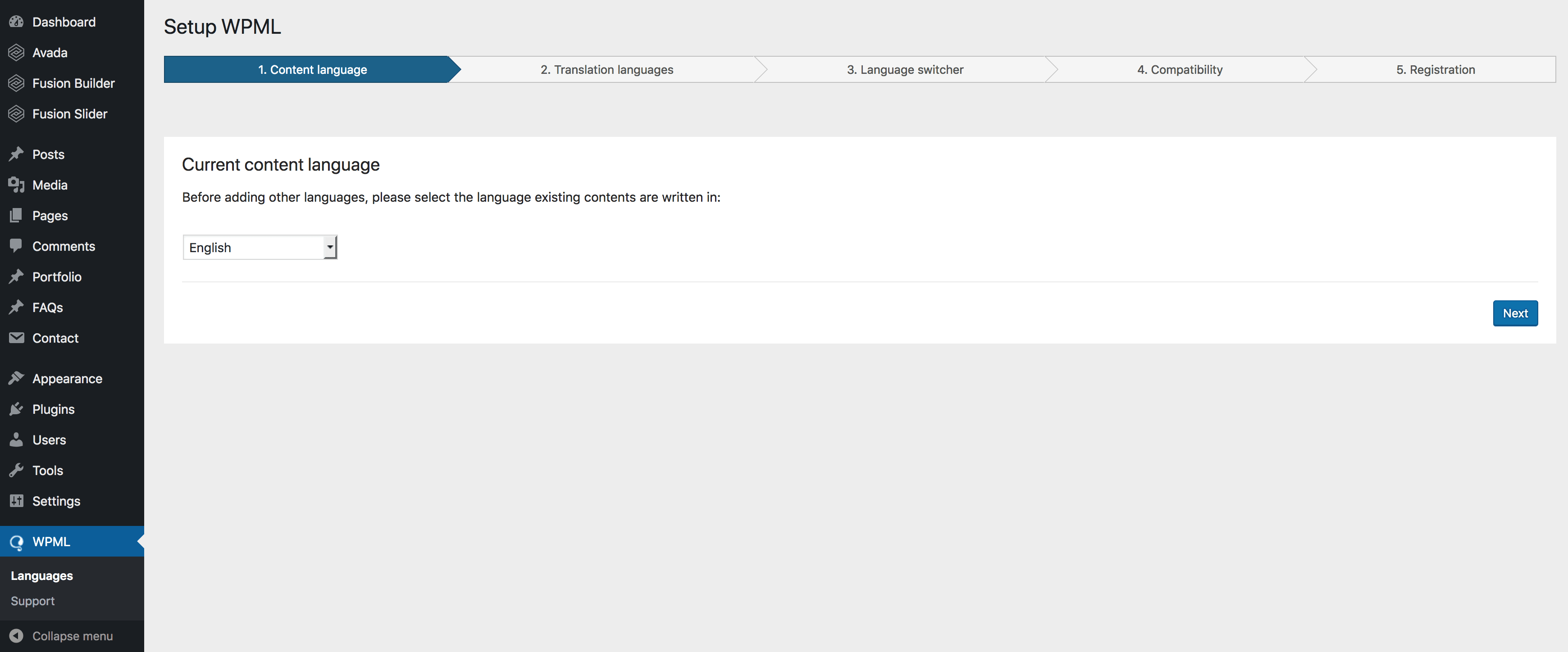 WPML Setup Screen WPML Setup Screen